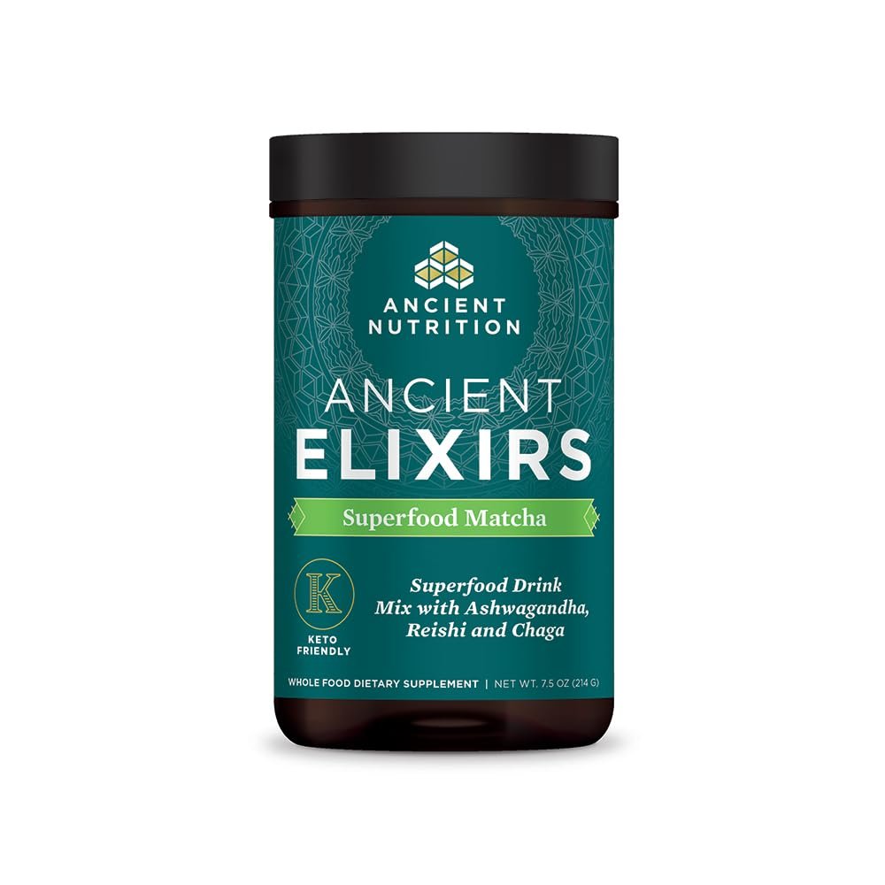 Matcha Green Tea Powder with Ashwagandha by Ancient Nutrition, Ancient Elixirs Superfood Matcha Energy Powder, with MCTs, Promotes Healthy Energy Levels, Paleo and Keto Friendly, 20 Servings