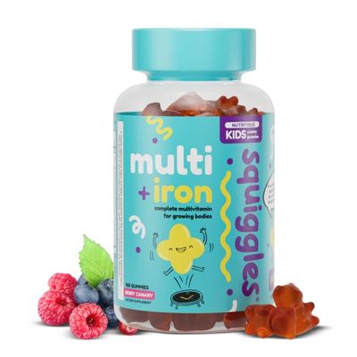 Squiggles Kids Multivitamin + Iron Gummies - Low Sugar Gummy Vitamins with Iron Supplements for Kids - Broad Spectrum of Vitamins and Minerals, Chewy, Yummy Berry Flavor (100 Count)
