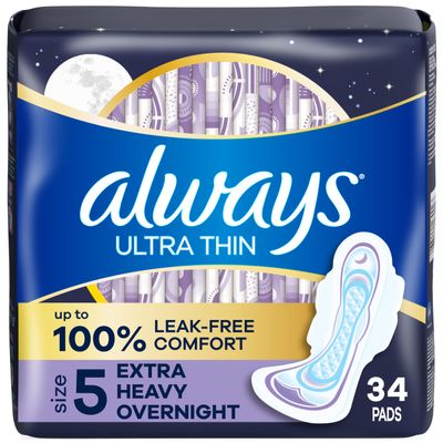 Always Ultra Thin Feminine Pads with Wings for Women, Size 5, Extra Heavy Overnight Absorbency, Unscented, Up to 100% Leak-Free Comfort, 34 Count