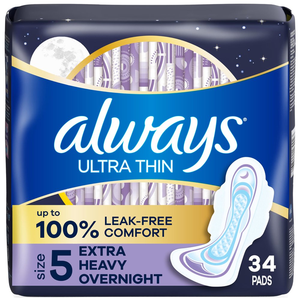 Always Ultra Thin Feminine Pads with Wings for Women, Size 5, Extra Heavy Overnight Absorbency, Unscented, Up to 100% Leak-Free Comfort, 34 Count