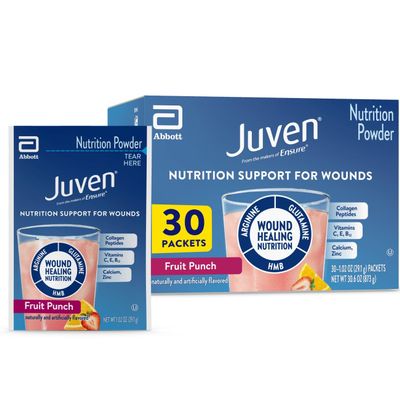 Juven Therapeutic Nutrition Drink Powder Including Collagen Peptides, Amino Acids, and HMB For Wound Healing Support, Fruit Punch, 30 Packets
