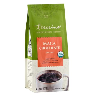Teeccino Maca Chocolat Chicory Coffee Alternative - Ground Herbal Coffee Thats Prebiotic, Caffeine Free & Acid Free, Dark Roast, 11 Ounce