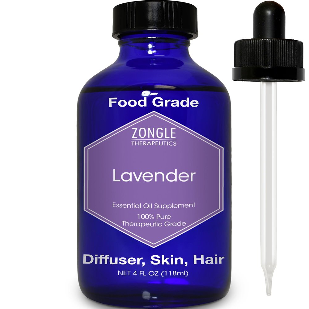 Lavender Essential Oil, Food Grade, for Drinks, Skin, Hair  100% Pure, Lavender Oil, by Zongle Therapeutics, 4 OZ