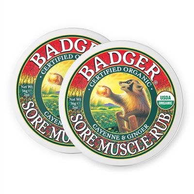 Badger Sore Muscle Rub, 100% Organic Sore Muscle Cream, Cayenne & Ginger Warming Sore Muscle Relief, Recovery & Relaxation, Long Lasting, Great Smelling, 2 oz Tin, 2-Pack