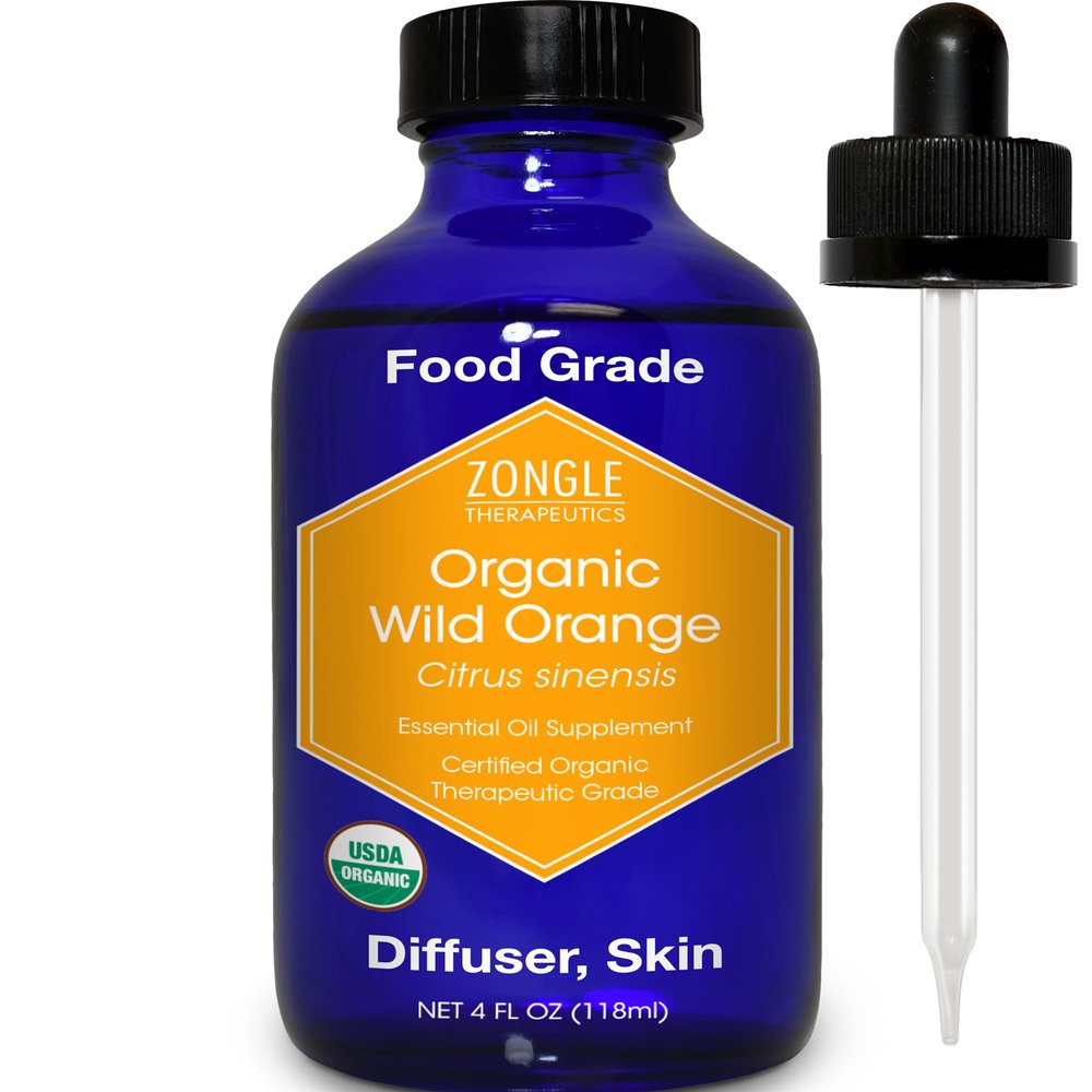Organic, Orange Essential Oil, Food Grade, for Baking, Skin 100% Pure, Wild, Orange Oil, Safe for Ingestion, by Zongle Therapeutics, 4 OZ