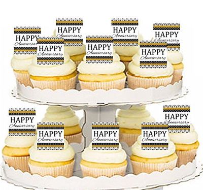 Happy Anniversary Gold Tone Cupcake / Fruit / Food Decoration Topper Picks -12Pk