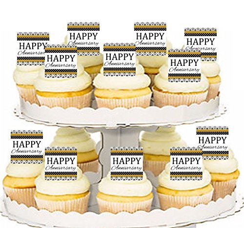 Happy Anniversary Gold Tone Cupcake / Fruit / Food Decoration Topper Picks -12Pk