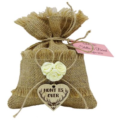 Rustic Wedding Drawstring Jute Pouch Hunt is Over Charm Small Jute Favor Bag + Personalized Tags 4 x 6.5 inches