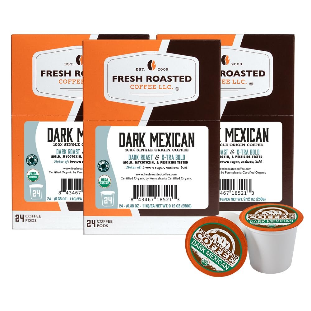 Fresh Roasted Coffee, Organic Dark Mexican | Mold & Myco 3rd Party Tested, USDA Organic, Kosher | Dark Roast 72 Pods for K Cup Brewers