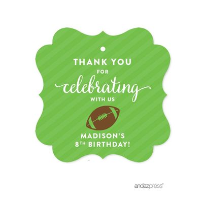 Andaz Press Personalized Birthday Fancy Frame Gift Tags, Thank You for Celebrating with Us, Football, 24-Pack, Custom Name, for Gifts and Party Favors
