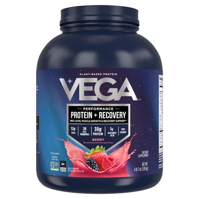 Vega Sport Vegan Protein Powder + Recovery - 30g Plant Based Protein per Serving, Berry, 45 Servings, 5g BCAAs, Probiotics, NSF Certified, for Shakes & Smoothies, 4.2lbs (Packaging May Vary)