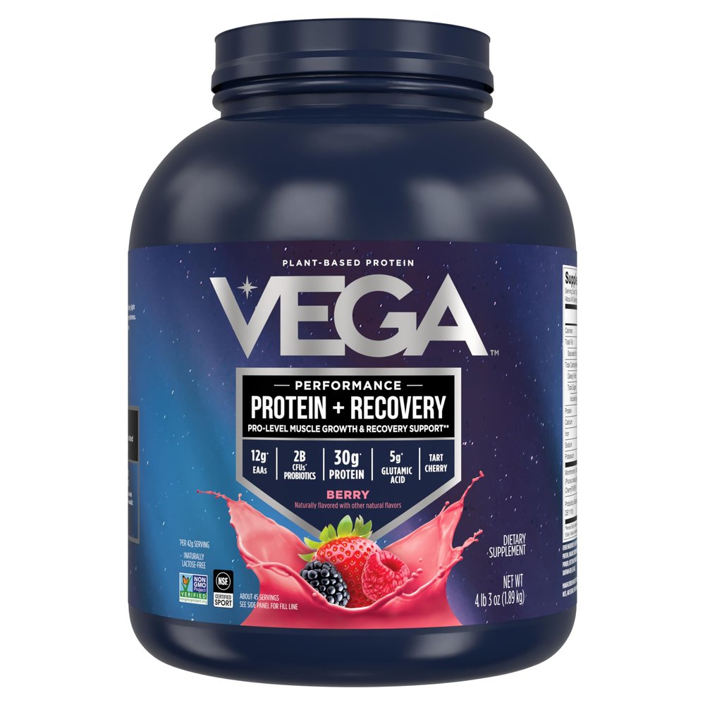 Vega Sport Vegan Protein Powder + Recovery - 30g Plant Based Protein per Serving, Berry, 45 Servings, 5g BCAAs, Probiotics, NSF Certified, for Shakes & Smoothies, 4.2lbs (Packaging May Vary)