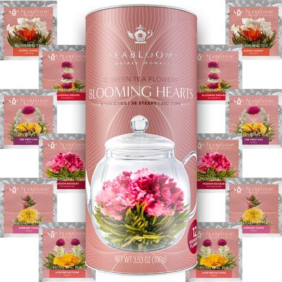 Teabloom Heart-Shaped Flowering Teas 12 Assorted Blooming Tea Flowers Green Tea + Jasmine, Pomegranate, Strawberry, Rose, Litchi & Peach