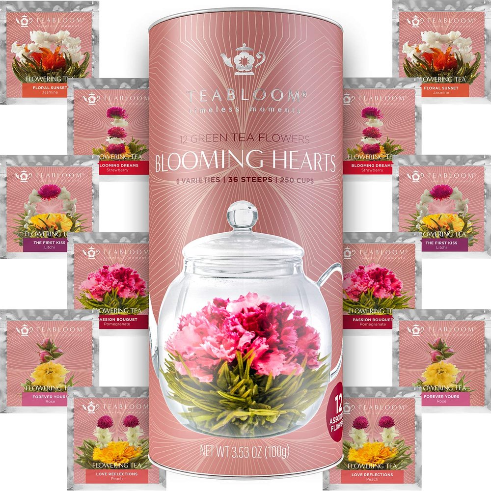 Teabloom Heart-Shaped Flowering Teas 12 Assorted Blooming Tea Flowers Green Tea + Jasmine, Pomegranate, Strawberry, Rose, Litchi & Peach