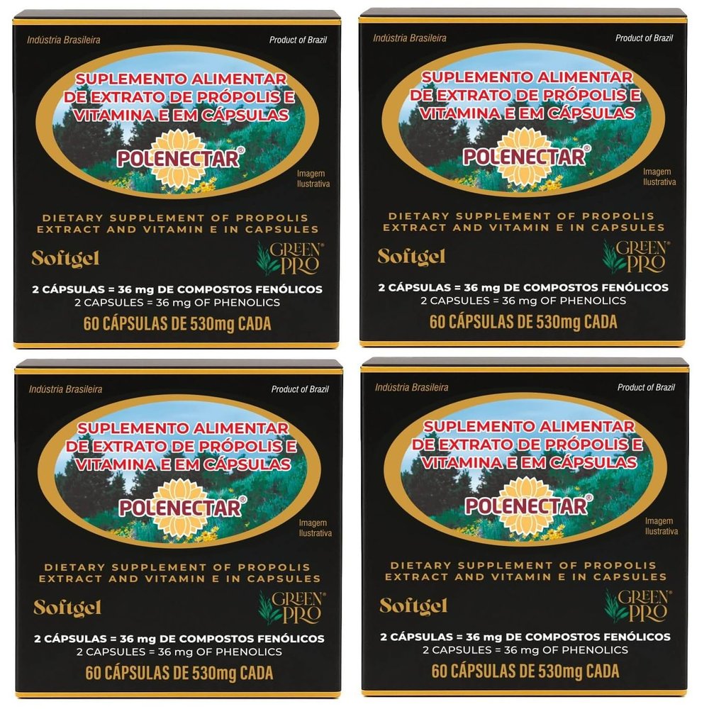 4 Boxes of Polenectar Brazil Green Bee Propolis 300 Milligram (60 Softgels)