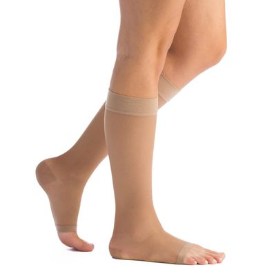 EvoNation Womens Sheer 20-30 mmHg Compression Stockings Knee High Open Toe Support for Swelling, Varicose Veins, DVT, Flight Travel, Circulation and Pain Relief Sheer, Firm Fit Made in USA