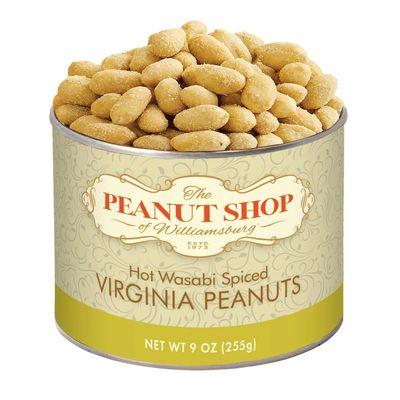 The Peanut Shop of Williamsburg Wasabi Spiced Virginia Peanuts, Extra Large Salted Williamsburg Va Peanuts with Japanese Horseradish, Kosher Certified - 9 oz Tin