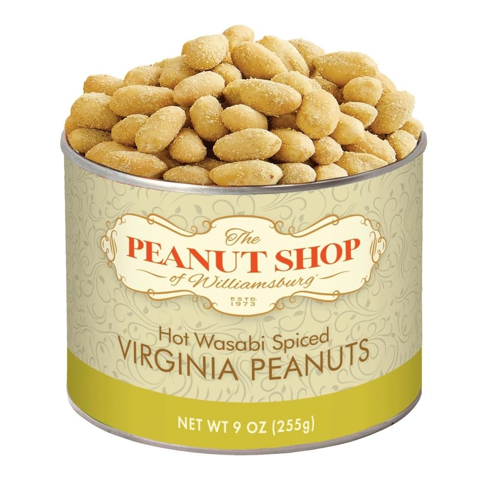 The Peanut Shop of Williamsburg Wasabi Spiced Virginia Peanuts, Extra Large Salted Williamsburg Va Peanuts with Japanese Horseradish, Kosher Certified - 9 oz Tin