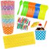 12 Ounce Disposable Paper Treat Cups Ice Cream Bowls -Plastic Spoons - Paper Straws - Ice Cream Sundae Kit for 24 - Blue, Pink, Orange, Yellow, Green, Red, Purple view 1