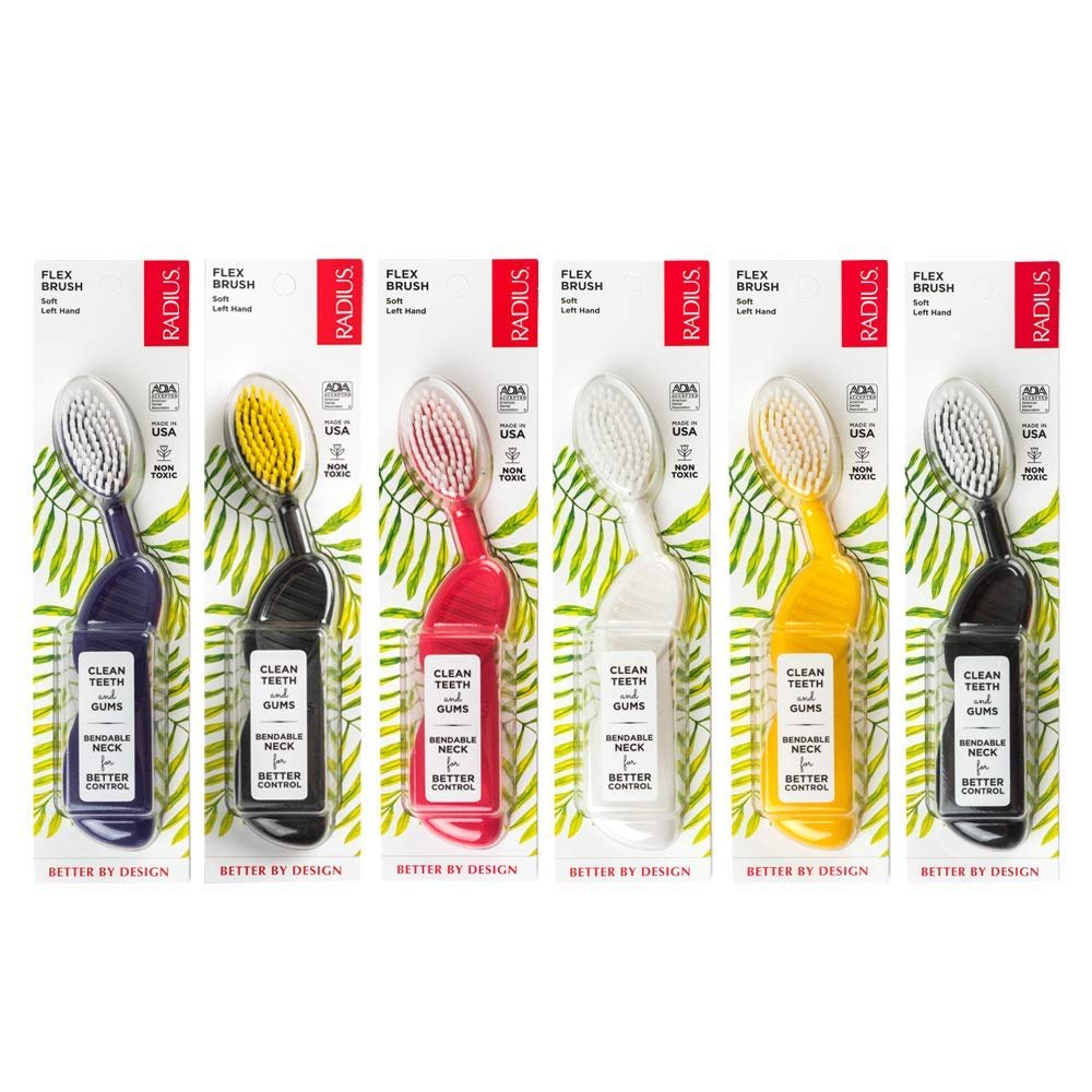 RADIUS Flex Brush with Soft Bristles Toothbrush BPA Free & ADA Accepted Designed to Improve Gum Health & Reduce Issues - Left Hand - Assorted - Pack of 6
