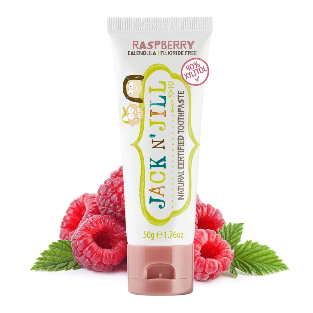 Jack N' Jill Natural Toothpaste for Baby and Infants - Fluoride Free Training Toothpaste, 40% Xylitol, BPA Free - Raspberry, 1.76 oz (Pack of 1)