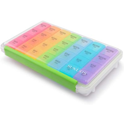 Sukuos Large Weekly Pill Organizer 7 Day (4 Times a Day), Moisture-Resistant Daily Pill Box Medicine Cases for Vitamin/Fish Oil/Supplements - Rainbow Colors