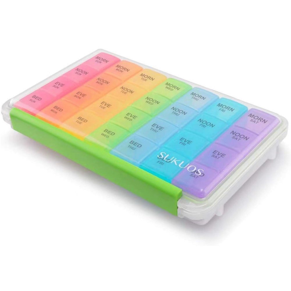 Sukuos Large Weekly Pill Organizer 7 Day (4 Times a Day), Moisture-Resistant Daily Pill Box Medicine Cases for Vitamin/Fish Oil/Supplements - Rainbow Colors