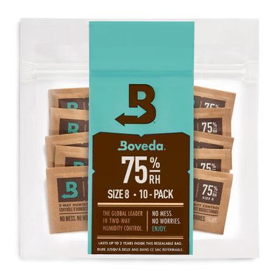 Boveda 75% Two-Way Humidity Control Packs For Storing Up to 5 Items  Size 8  10 Pack  For Small Non-Plastic Travel Cases  Moisture Absorbers  Humidifier Packs in Resealable Bag