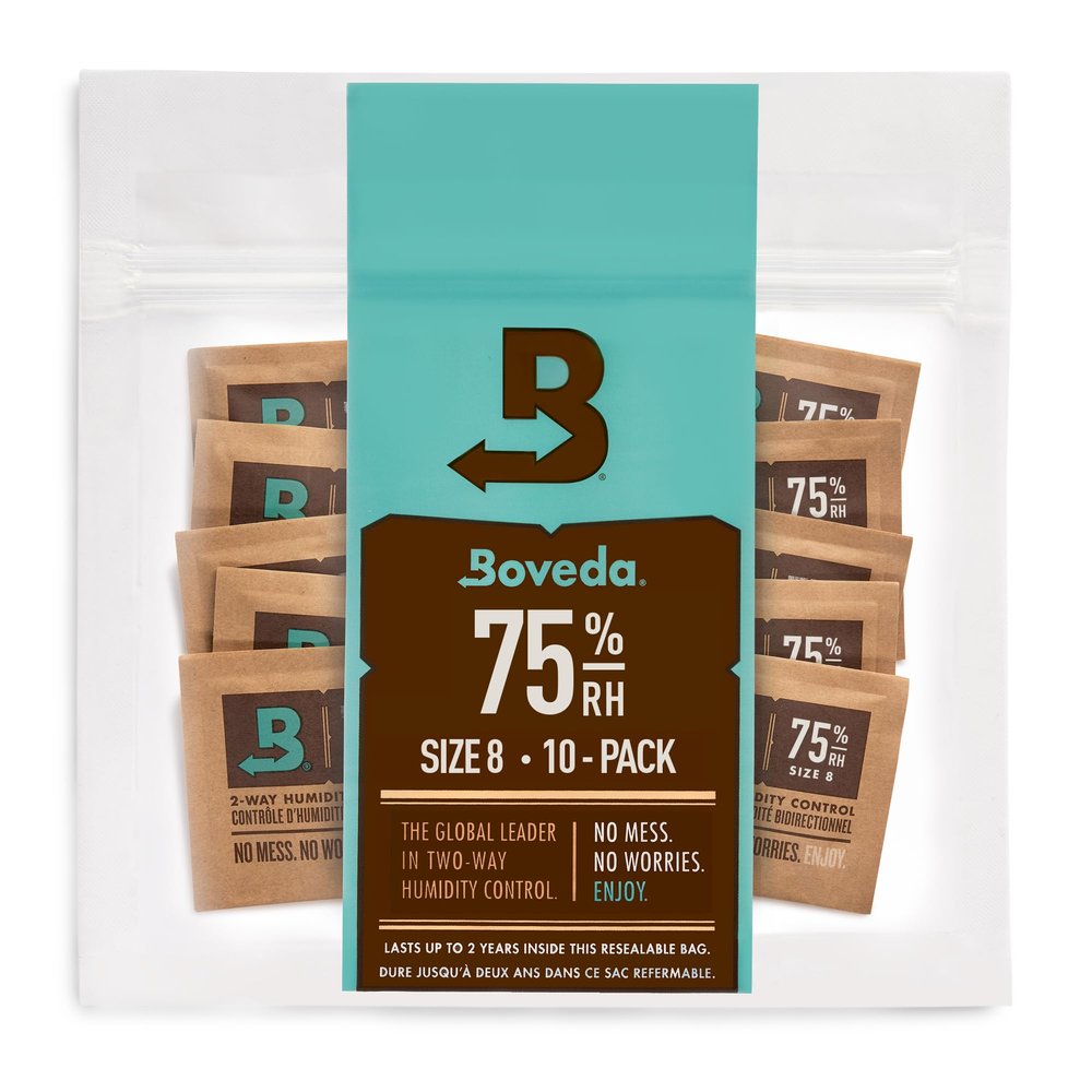 Boveda 75% Two-Way Humidity Control Packs For Storing Up to 5 Items  Size 8  10 Pack  For Small Non-Plastic Travel Cases  Moisture Absorbers  Humidifier Packs in Resealable Bag