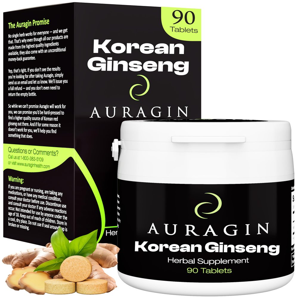 Auragin Authentic Korean Red Ginseng  Made in Korea  6 Year Roots  No Additives or Other Ingredients  100% Red Panax Ginseng in Every Tablet