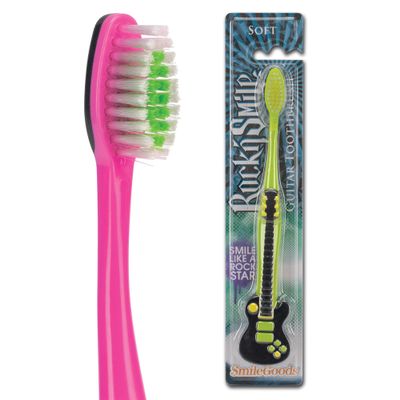 SmileGoods Y333 Rock'n Smile Guitar Youth Toothbrush, 33 Tuft, Soft Bristle, With Guitar Shaped Grip, 72 Individually Packaged Premium Toothbrushes, Assorted Colors, Bulk Pack of 72