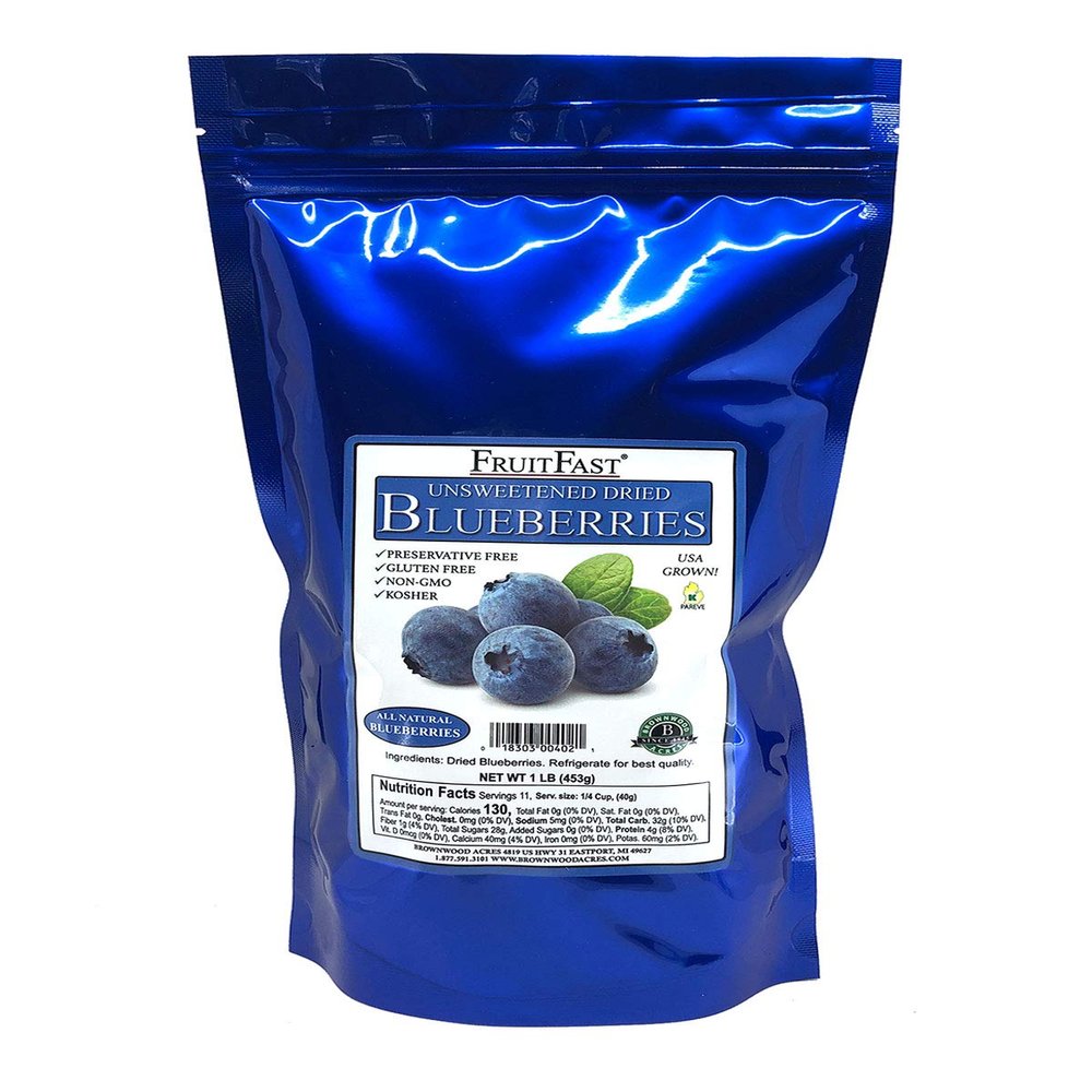 Unsweetened Dried Blueberries by Brownwood Acres - FruitFast | Non-GMO, Gluten Free, Kosher Certified All Natural Healthy Snack - No Added Sugars, Oils or fillers - Just Blueberries (1 Pound)