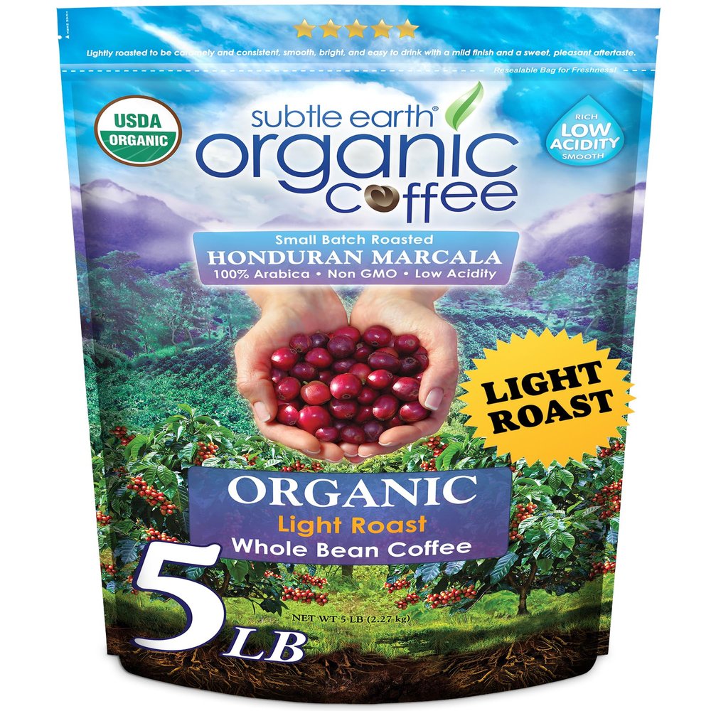 5LB Subtle Earth Organic Coffee - Light Roast - Whole Bean Coffee - 100% Arabica Beans - Low Acidity and Non-GMO - 5lb bag