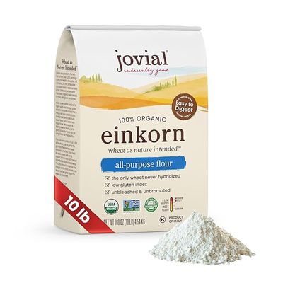 Jovial Organic Einkorn Unbleached All Purpose Flour - Bread Baking Flour for Sourdough, High Protein, Non-GMO, Organic Pizza & Pasta, European Italian, Glyphosate Free - 10 Lb