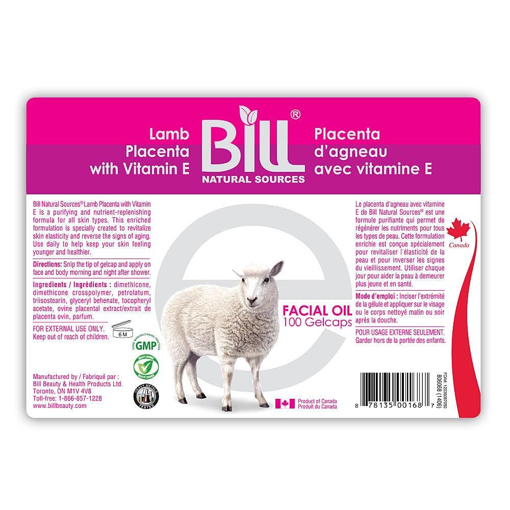 Bill Natural Sources Lamb Placenta with Vitamin E, 100 Gelcaps - rejuvenates dull skin cells and revitalizes skin cells elasticity
