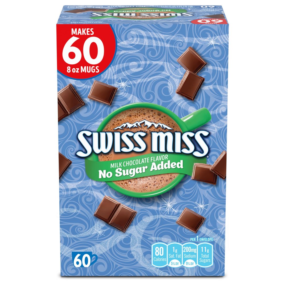 Swiss Miss Milk Chocolate Flavor No Sugar Added Hot Cocoa Mix, Hot Cocoa Bar Supplies, 0.73 oz., 60 Count Hot Cocoa Packets