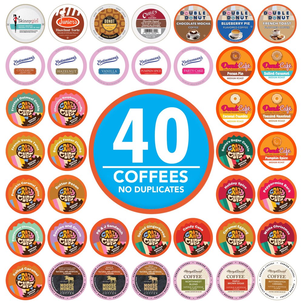 Crazy Cups Flavored Coffee Pods Variety Pack, Fully Compatible With All Keurig Flavored K Cups Brewers, Coffee Sampler, 40 Count
