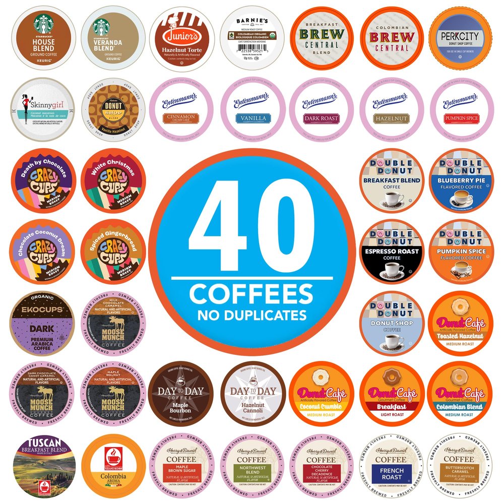 Crazy Cups Coffee Pods Variety Pack Sampler from Top Brands, Assorted Single Serve for Keurig K Cups Coffee Makers, 40 Unique Cups