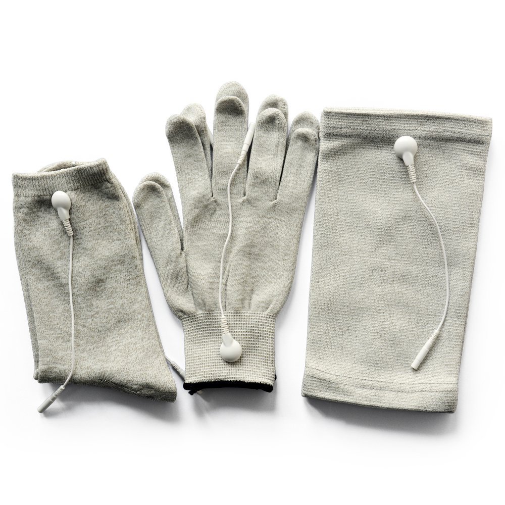 Pair of Conductive Fiber TENS/EMS Electrode Gloves & Massage Kneepads & Massage Socks With 6pcs Adapter Lead Wires For TENS/EMS Machine For Physical Therapy