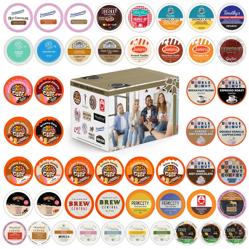 Crazy Cups Custom Variety Pack Coffee, Tea, and Hot Chocolate Holiday Winter Sampler - Single Serve Pods for Keurig K-Cup Machines, 50 Assorted Flavors Party Mix(Pack of 1)