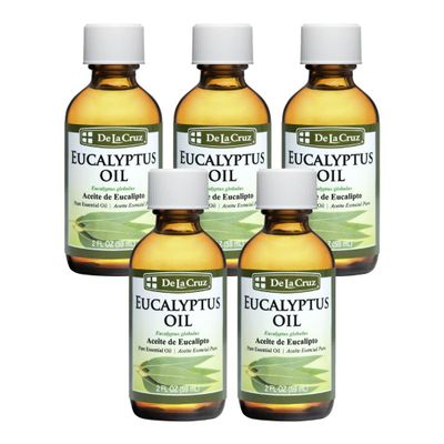 De La Cruz Eucalyptus Essential Oil Aromatherapy for Diffuser or Humidifier, 100% Pure Steam Distilled Eucalyptus Globulus 2 FL OZ (5 Bottles)