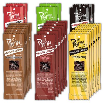 Primal Spirit Vegan Jerky - Most Popular Flavors Pack, 10 g. Plant Based Protein, ("The Classics" 6 Teriyaki, 6 Hickory Smoked, 6 Texas BBQ, 2 Thai Peanut, 2 Hot & Spicy, 2 Mesquite Lime 24-Pack, 1 oz