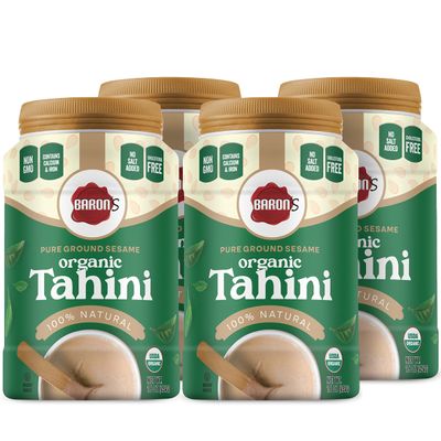 Baron's USDA Organic Tahini Pure Sesame Paste | 4 x 16 oz Jars | Rich Creamy Spread for Hummus, Dips, Sauces | Kosher, Vegan, Keto friendly, Non-GMO, Gluten-Free, No Peanuts | Ground Seeds Tahina