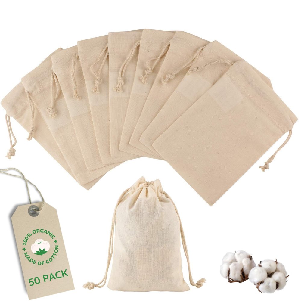 Greenmile 50 Pieces Organic Cotton Muslin Bags 4x6 Inch