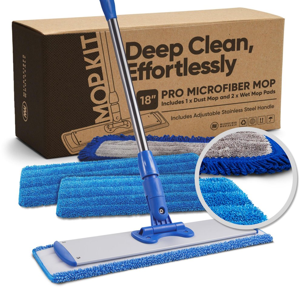 18 Pro Microfiber Hardwood Floor Mop - Cleans Floor in Seconds | Dust & Wet Mopping | Hardwood, Tile, Laminate & Vinyl with 3 Washable Pads, No Buckets Needed with Deluxe Household Mop