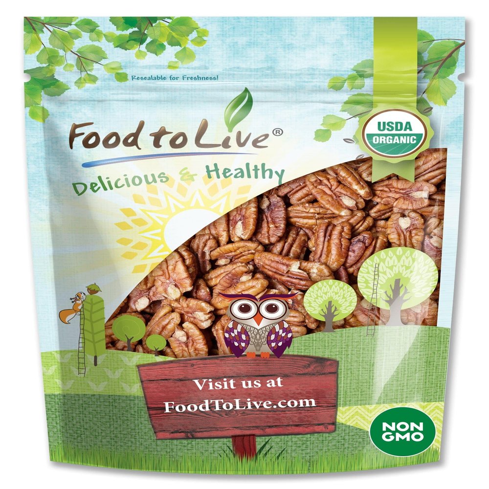 Food to Live Organic Pecan Halves, 3 Pounds  Non-GMO, Kosher, Raw Pecan Nuts, Unsalted, Vegan, Kosher, Shelled, Sirtfood, Bulk. Good source of Calcium, and Zinc. Great for Pecan Pie, Salads, Mixes