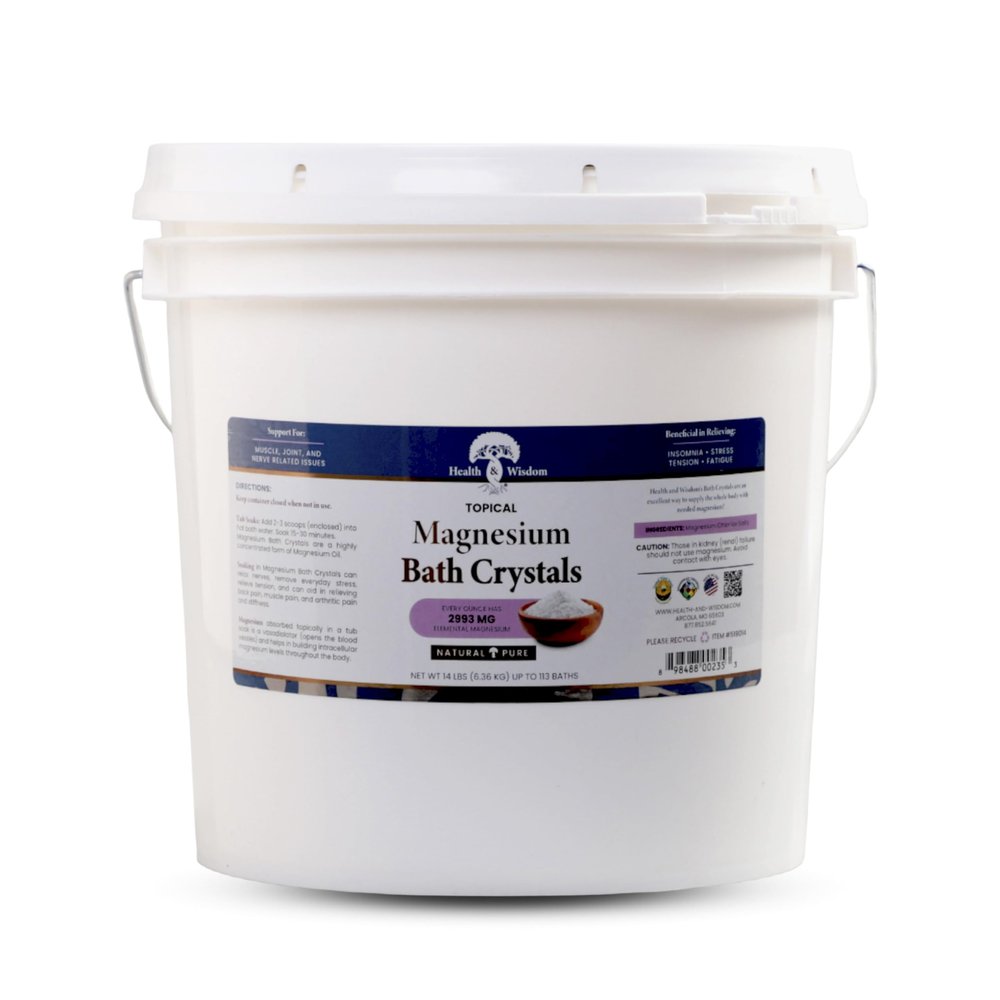 Health and Wisdom Magnesium Bath Crystals - Bath Salts with High Concentration & Enhanced Absorption for Muscle & Joint Relief - Dead Sea Sourced - Unscented - 14 lbs - Up to 113 Uses
