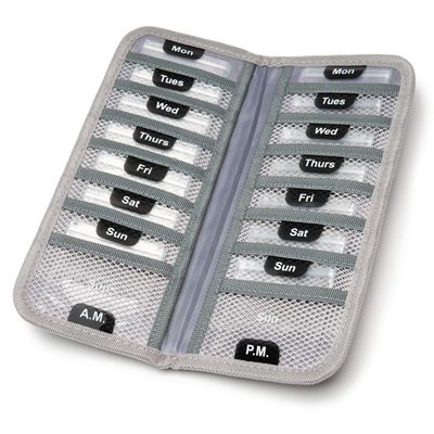 TeloTravel AM/PM Bi-Folding Pill Organizer + Supplement Case for OTC Medicine, Prescription + Vitamins - 14 Labeled Monday-Sunday Slide Lock Pouches, Grey Travel Pill Case
