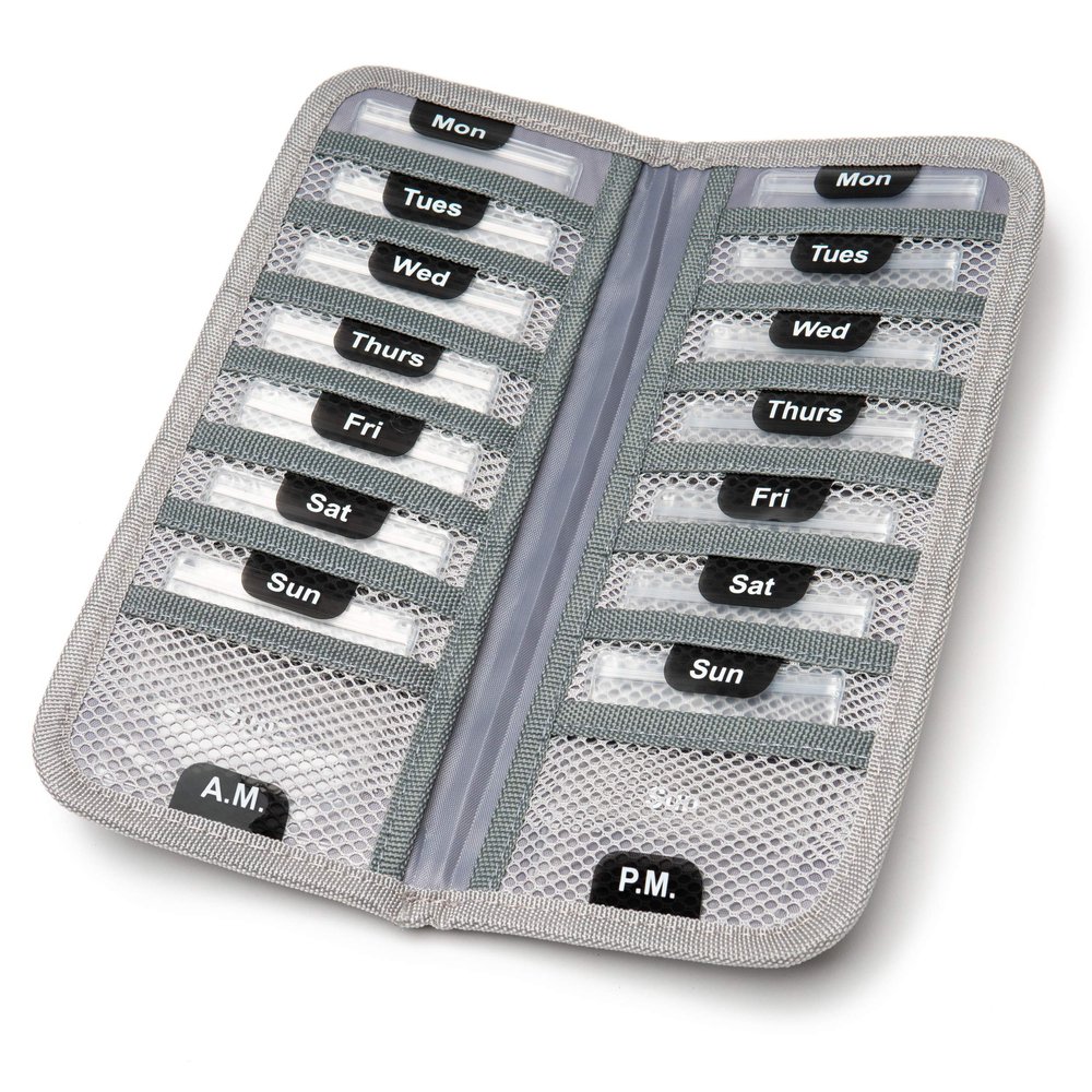 TeloTravel AM/PM Bi-Folding Pill Organizer + Supplement Case for OTC Medicine, Prescription + Vitamins - 14 Labeled Monday-Sunday Slide Lock Pouches, Grey Travel Pill Case