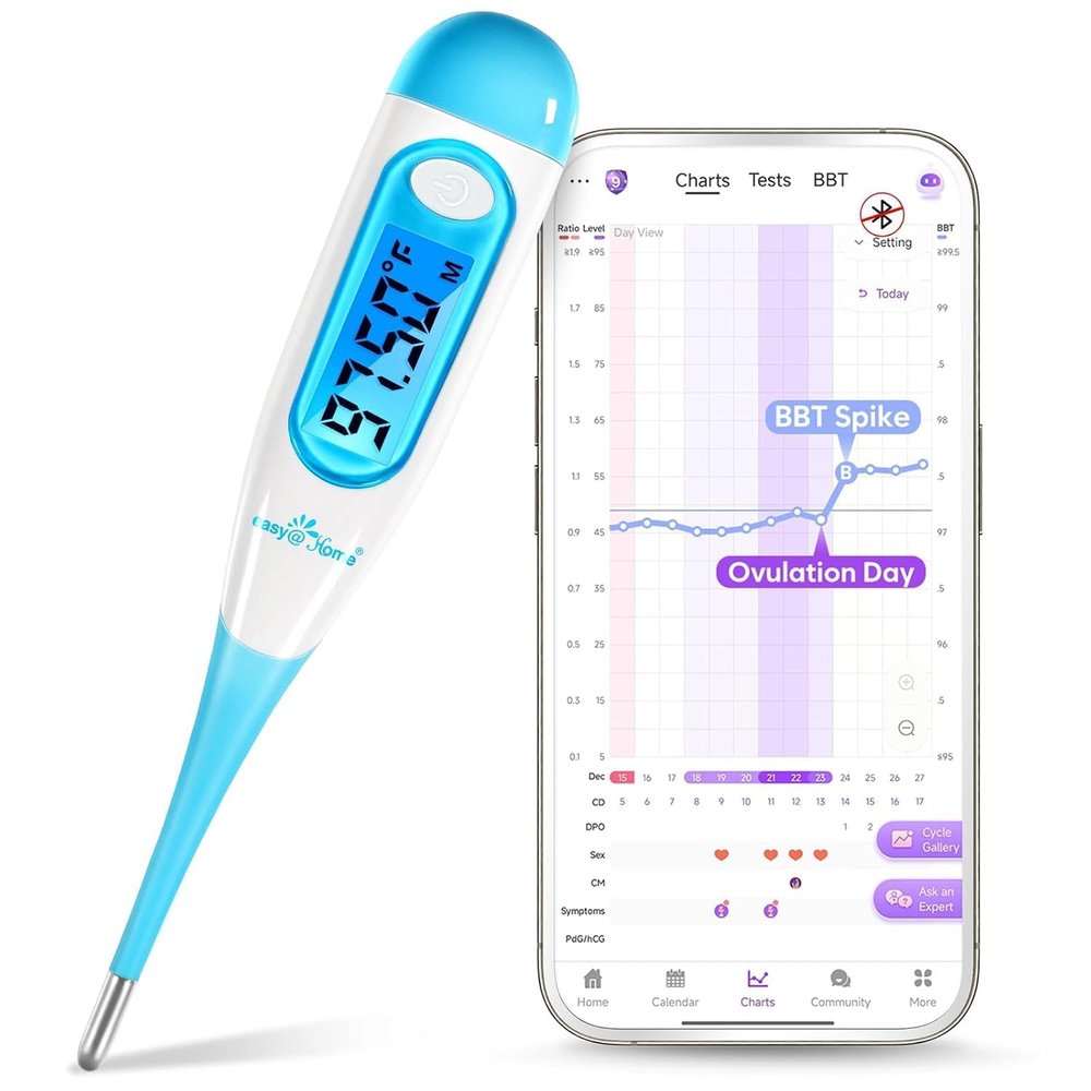 Easy@Home Digital Basal Thermometer for Ovulation: Backlight LCD Display 1/100th Degree High Precision BBT, Memory Recall, NOT Bluetooth Enabled Scan Results with Premom Fertility Tracker App, Blue